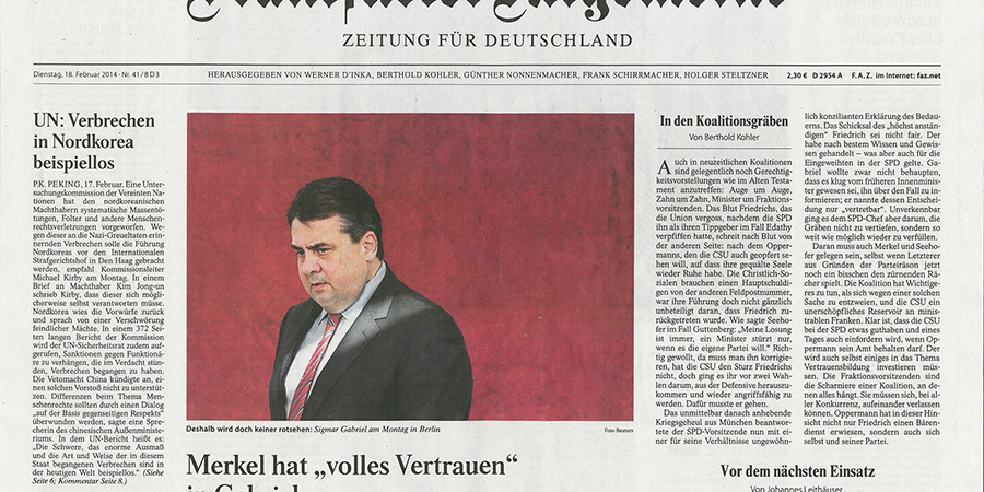 Abb. 25: Frankfurter Allgemeine Zeitung,
                                Cover vom 28.02.2014, Sigmar Gabriel © Reuters 2014. 