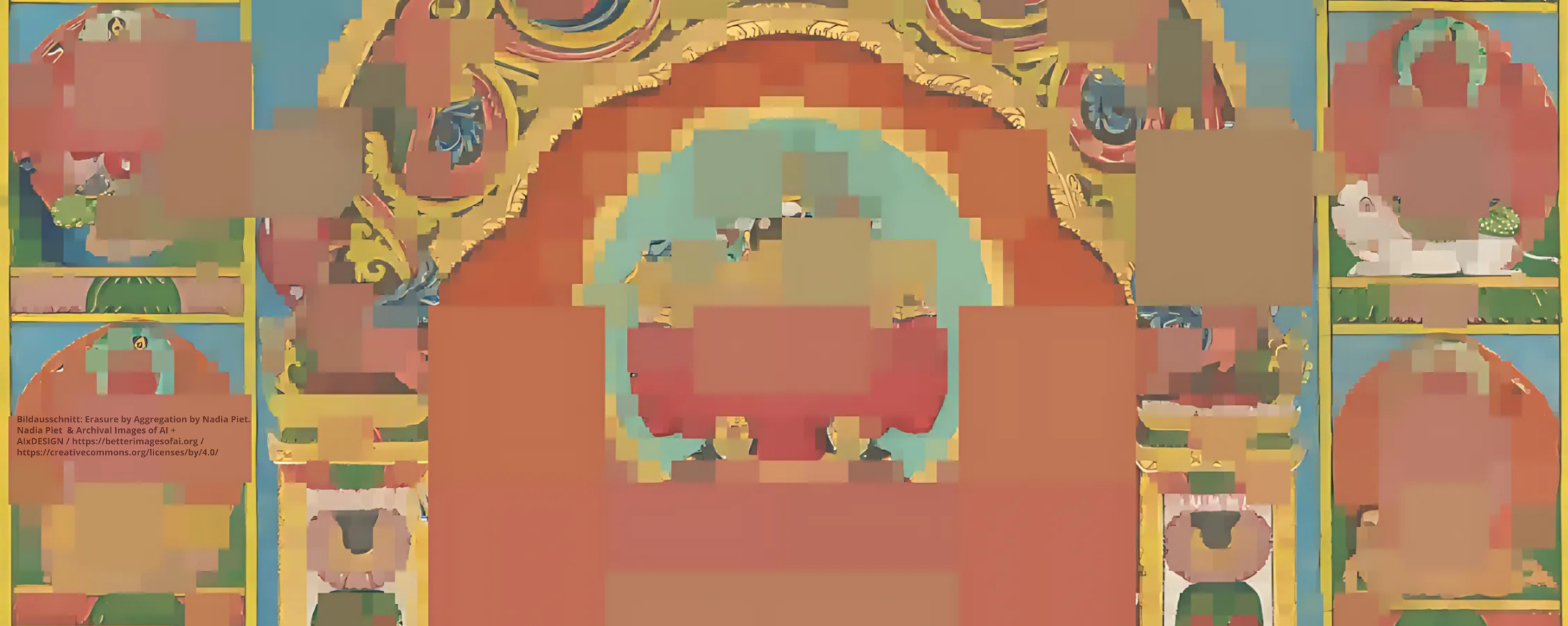 Detail of "Erasure by Aggregation" shows a traditional Hindu painting that is heavily pixelated, with large blocks obscuring key details, symbolizing cultural erasure and distortion by AI aggregation