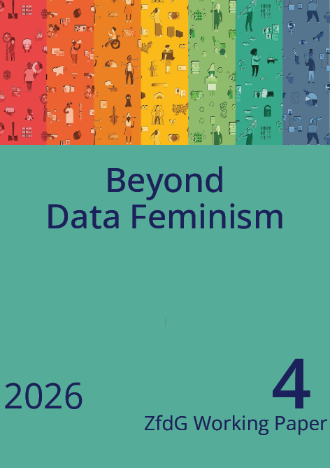 Cover zeigt im oberen Bildteil einen Ausschnitt aus dem Poster zu Data Feminism und in der unteren Bildhälfte auf farbigem Hintergrund den Titel