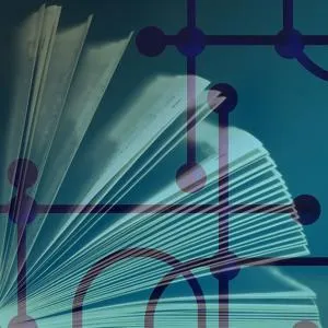 Im Hintergrund ein aufgeblättertes Buch, davor stilisiert die Andeutung einer Netzwerkgrafik