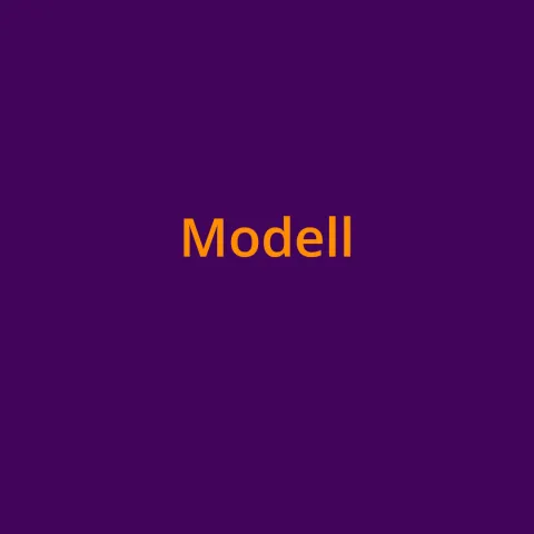 Das Wort "Modell" in orangefarbener Schrift auf lilfarbenem Grund