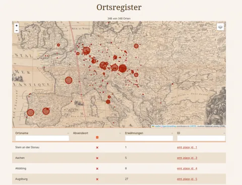Ausschnitt aus Abb. 2 des Beitrags: Ortsregister mit Kartenansicht aus dem Editionsprojekt Familiensache. Angezeigt werden hier nur die in der Tabelle gefilterten Absendeorte. [Screenshot: Peter Andorfer 2025]