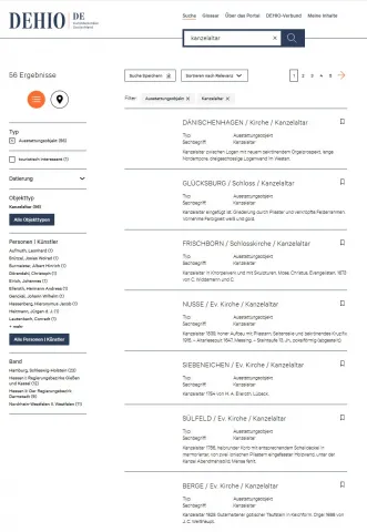 Ansicht der Webseite DEHIO mit der Suche für den Begriff Kanzealtar