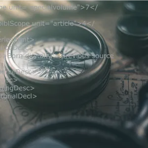 Titelbild Sonderband, zeigt: Historischer Kompass auf Holztisch mit dem Anschnitt einer Lupe und einer Schicht XML-Code überschrieben