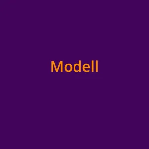 Das Wort "Modell" in orangefarbener Schrift auf lilfarbenem Grund