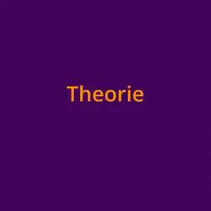 Das Wort "Theorie" in orangefarbener Schrift auf lilafarbenem Grund