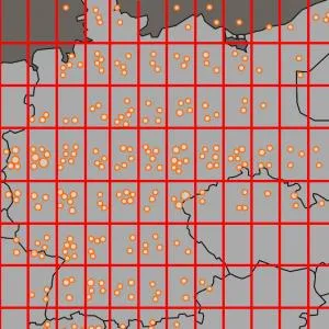 Ausschnitt aus Abb. 4 des Beitrags, zeigt: Visualisierung der im Bomber’s Baedeker benannten Zielstädte basierend auf den angegebenen zeitgenössischen Geokoordinaten mittels DARIAH-DE Geo-Browser und Tableau