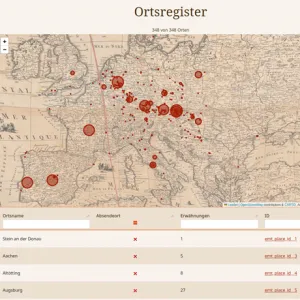 Ausschnitt aus Abb. 2 des Beitrags: Ortsregister mit Kartenansicht aus dem Editionsprojekt Familiensache. Angezeigt werden hier nur die in der Tabelle gefilterten Absendeorte. [Screenshot: Peter Andorfer 2025]