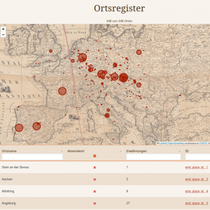 Ausschnitt aus Abb. 2 des Beitrags: Ortsregister mit Kartenansicht aus dem Editionsprojekt Familiensache. Angezeigt werden hier nur die in der Tabelle gefilterten Absendeorte. [Screenshot: Peter Andorfer 2025]