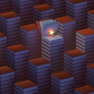 Computergenerierte Illustration: mehrere Bücherstapel aus Büchern mit roten Buchdeckeln in dunkler Umgebung, einer der Buchdeckel ist aufgeklappt, auf der ersten Seite leuchtet ein Stern