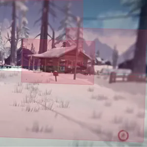 Ausschnitt aus Fig. 5 des Beitrags, zeigt: Annotated key frame with possible anchor regions wood, bridge, road, snowed meadow, building and mountain range. Feature categories can be annotated in the data scheme of Recogito, but not visualized as labels. Blurred edges in the field of perception reflect that the avatar is hurt at the moment (bottom right symbol). The four icons on the bottom left show the state of the four main elements of the game mechanics: cold, tiredness, thirst and hunger. 