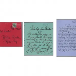 Ausschnitt aus Abb. 11: Farbiges Briefpapier von Richard Dehmel (links), Ida Dehmel (Mitte) und Peter Behrens (rechts). [Aus: Nantke (Hg.) 2022]