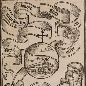 Ausschnitt aus Abb. 1 des Beitrags, zeigt: Titelblatt - Newe vnbekanthe landte. HAB-Signatur: A: 156.10 Quod. 2° (2). 
