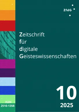 Heftcover: Dunkelgrüner Hintergrund. Oben rechts in Weiß das Logo der ZfdG. Im linken Viertel ein vertikaler Streifen in gelb, orange, rot, pink, violett, hellblau, blau, hellgrün, grün. Etwas höher als mittig darin der Ausschnitt einer Fotografie eines Bücherregals in dunklen Grünstufen. Daneben die Titelei in weißer Schrift: Zeitschrift für digitale Geisteswissenschaften. Unten rechts: 10, 2025; unten links die ISSN: 2510-1358.