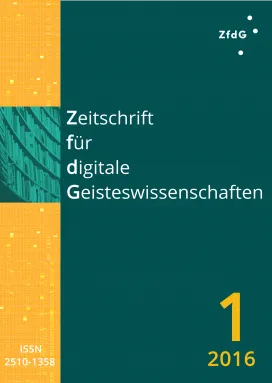 Heftcover: Dunkelgrüner Hintergrund. Oben links in Weiß das Logo der ZfdG. Im linken Viertel ein vertikaler Streifen in Goldgelb mit hellerer Textur. Etwas höher als mittig darin der Ausschnitt einer Fotografie eines Bücherregals in dunklen Grünstufen. Daneben die Titelei in weißer Schrift: Zeitschrift für digitale Geisteswissenschaften. Unten rechts:  1, 2016; unten links die ISSN:  2510-1358.