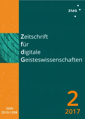 Heftcover: Dunkelgrüner Hintergrund. Oben links in Weiß das Logo der ZfdG. Im linken Viertel ein vertikaler Streifen in Orange mit hellerer Textur. Etwas höher als mittig darin der Ausschnitt einer Fotografie eines Bücherregals in dunklen Grünstufen. Daneben die Titelei in weißer Schrift: Zeitschrift für digitale Geisteswissenschaften. Unten rechts:  2, 2016; unten links die ISSN:  2510-1358.