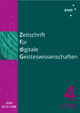 Heftcover: Dunkelgrüner Hintergrund. Oben links in Weiß das Logo der ZfdG. Im linken Viertel ein vertikaler Streifen in Magentamit hellerer Textur. Etwas höher als mittig darin der Ausschnitt einer Fotografie eines Bücherregals in dunklen Grünstufen. Daneben die Titelei in weißer Schrift: Zeitschrift für digitale Geisteswissenschaften. Unten rechts:  4, 2016; unten links die ISSN:  2510-1358.