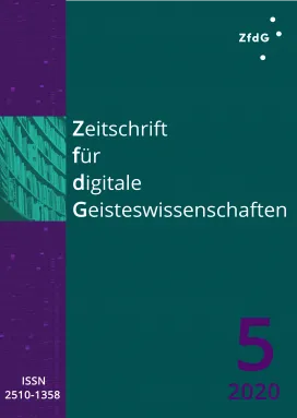 Heftcover: Dunkelgrüner Hintergrund. Oben links in Weiß das Logo der ZfdG. Im linken Viertel ein vertikaler Streifen in Violett mit hellerer Textur. Etwas höher als mittig darin der Ausschnitt einer Fotografie eines Bücherregals in dunklen Grünstufen. Daneben die Titelei in weißer Schrift: Zeitschrift für digitale Geisteswissenschaften. Unten rechts: 5, 2016; unten links die ISSN: 2510-1358.