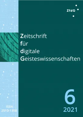 Heftcover: Dunkelgrüner Hintergrund. Oben links in Weiß das Logo der ZfdG. Im linken Viertel ein vertikaler Streifen in Hellblau mit hellerer Textur. Etwas höher als mittig darin der Ausschnitt einer Fotografie eines Bücherregals in dunklen Grünstufen. Daneben die Titelei in weißer Schrift: Zeitschrift für digitale Geisteswissenschaften. Unten rechts: 6, 2016; unten links die ISSN: 2510-1358.