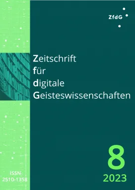 Heftcover: Dunkelgrüner Hintergrund. Oben links in Weiß das Logo der ZfdG. Im linken Viertel ein vertikaler Streifen in Apfelgrün mit hellerer Textur. Etwas höher als mittig darin der Ausschnitt einer Fotografie eines Bücherregals in dunklen Grünstufen. Daneben die Titelei in weißer Schrift: Zeitschrift für digitale Geisteswissenschaften. Unten rechts: 8, 2016; unten links die ISSN: 2510-1358.